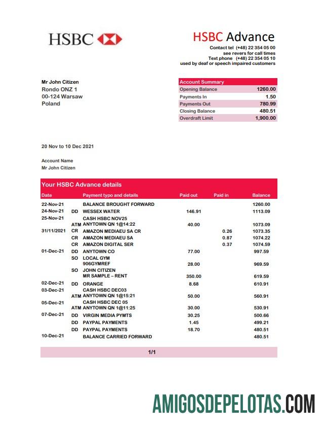 Exemplo de PDF do HSBC Excel da Polônia
